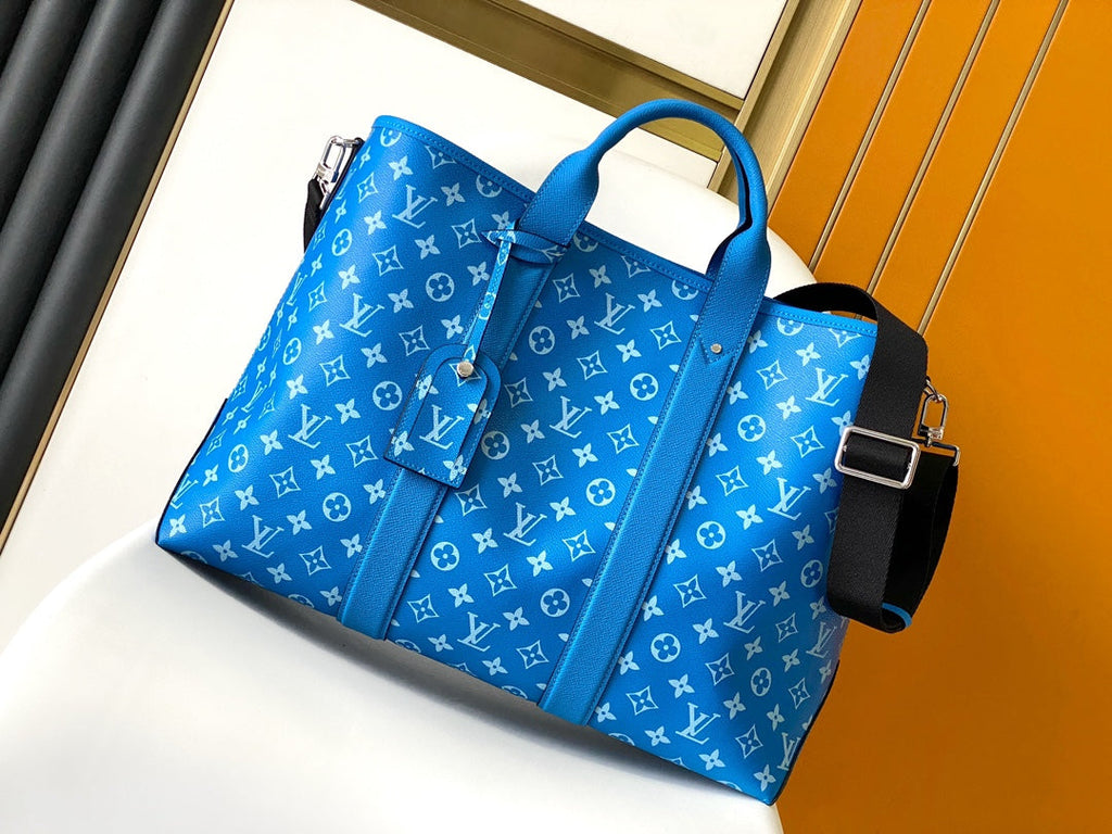 LV The Weekend Tote Bag 43cm Blue Monogram Canvas & Taïga Leather