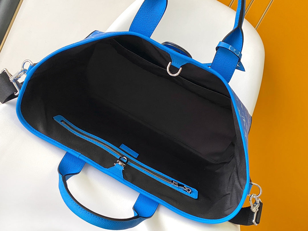 LV The Weekend Tote Bag 43cm Blue Monogram Canvas & Taïga Leather
