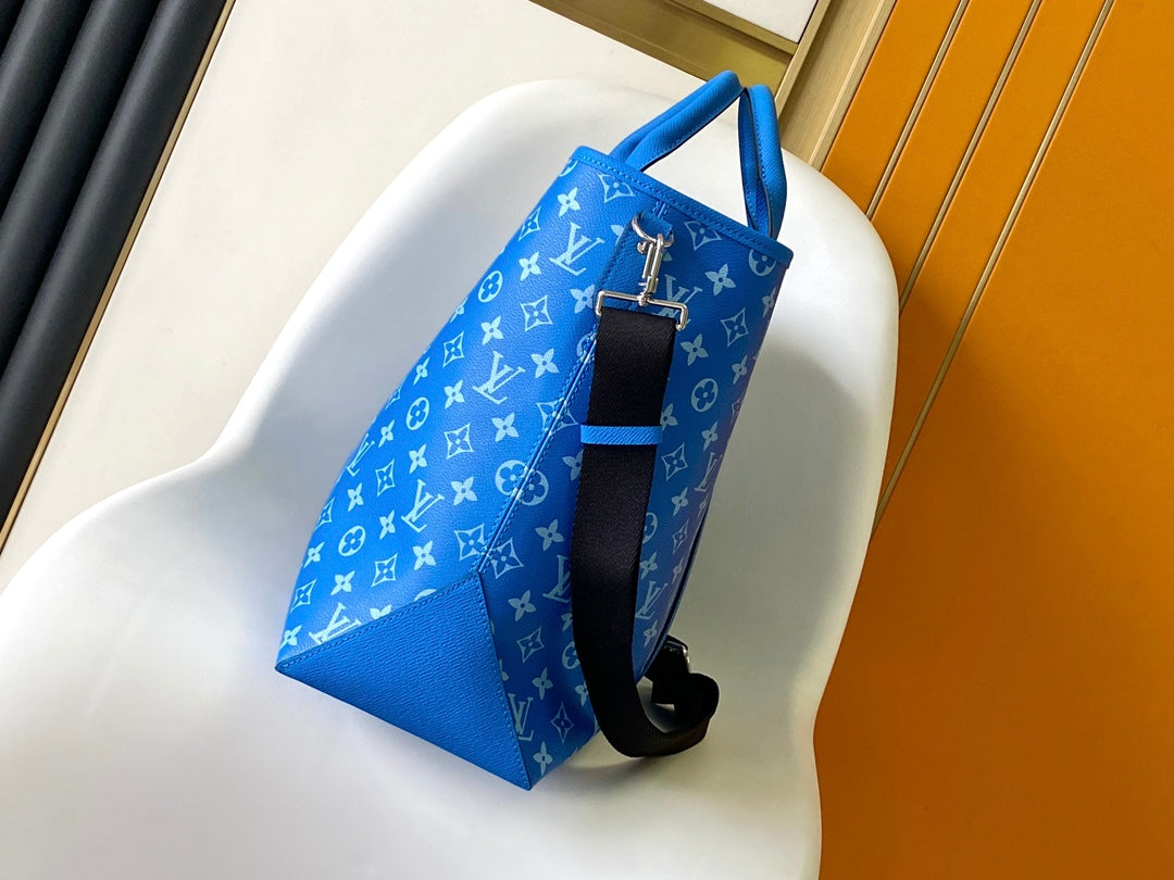 LV The Weekend Tote Bag 43cm Blue Monogram Canvas & Taïga Leather