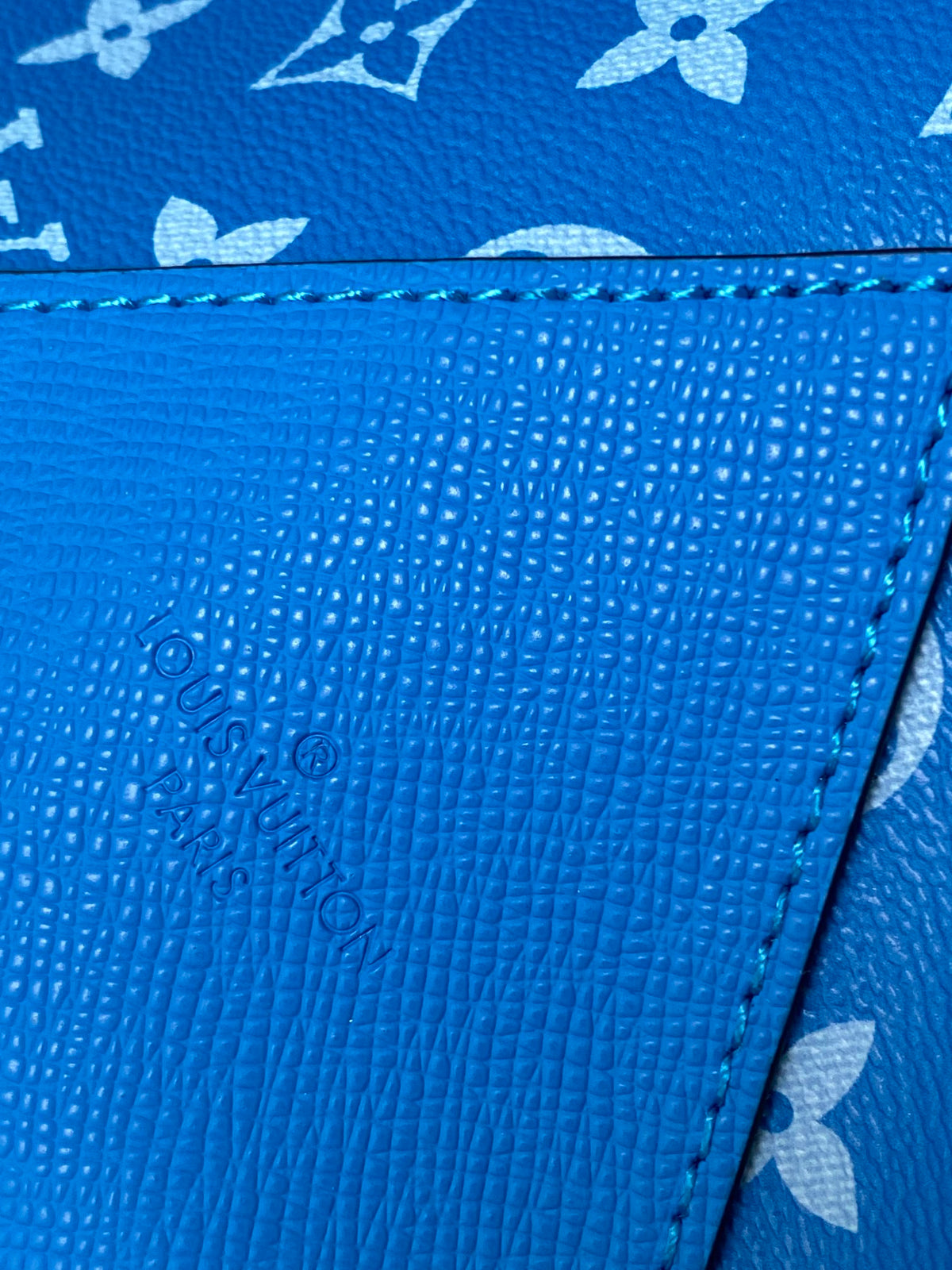 LV The Weekend Tote Bag 43cm Blue Monogram Canvas & Taïga Leather