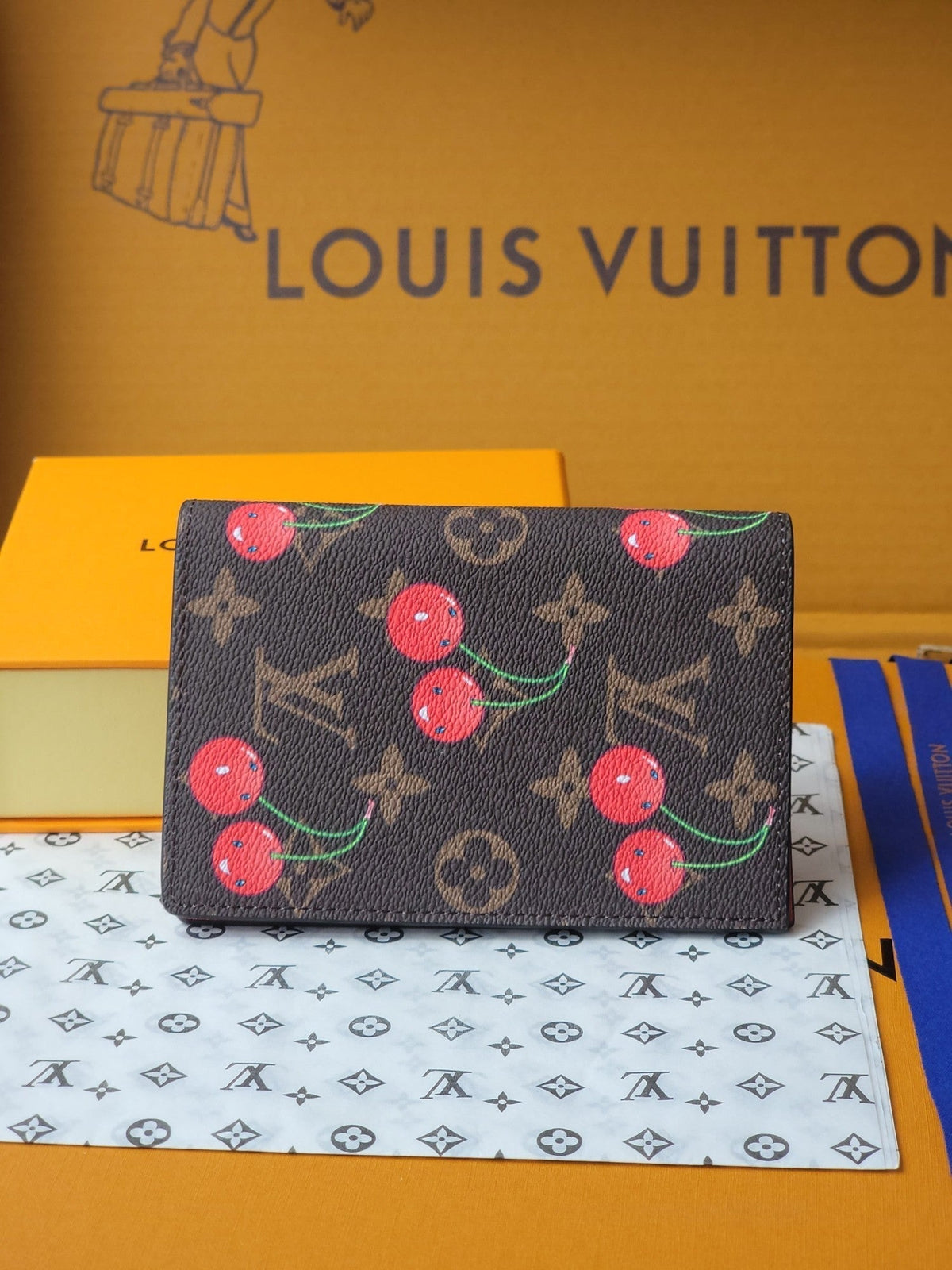 LV x TM Passport Cover Brown Monogram Canvas With Cherry Motif