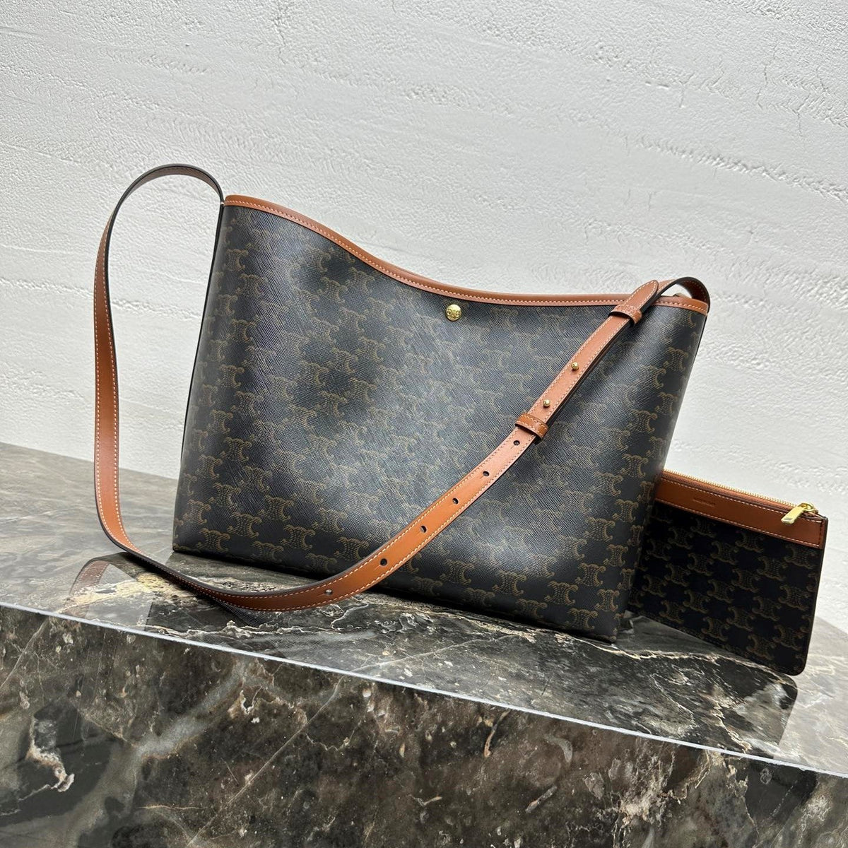 Celine Soft Shopper Bag in Triomphe Brown Black Canvas and Calfskin