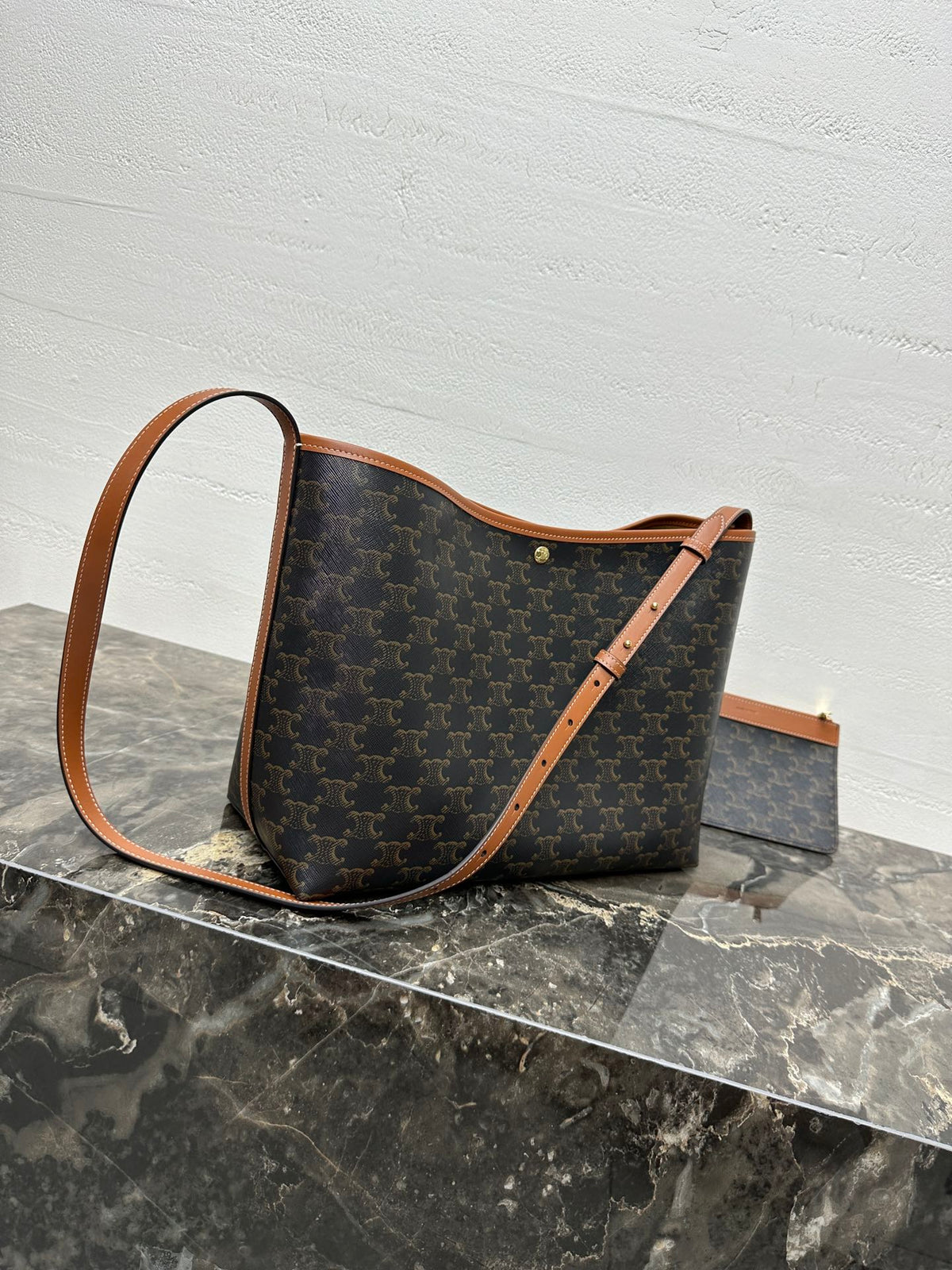 Celine Soft Shopper Bag in Triomphe Brown Black Canvas and Calfskin