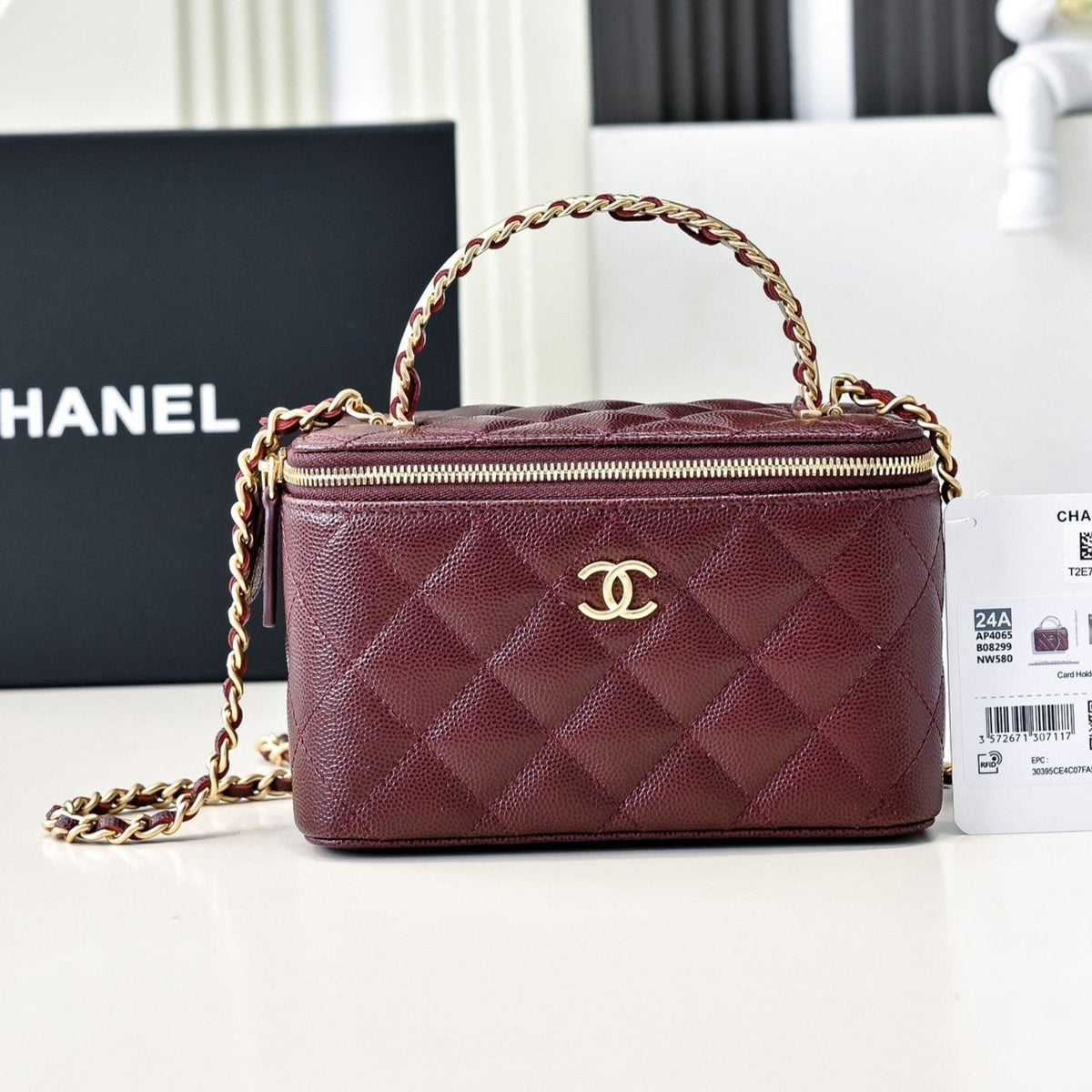 CC 24A Vanity Top Handle 16cm Burgundy Grained Calfskin Gold Hardware