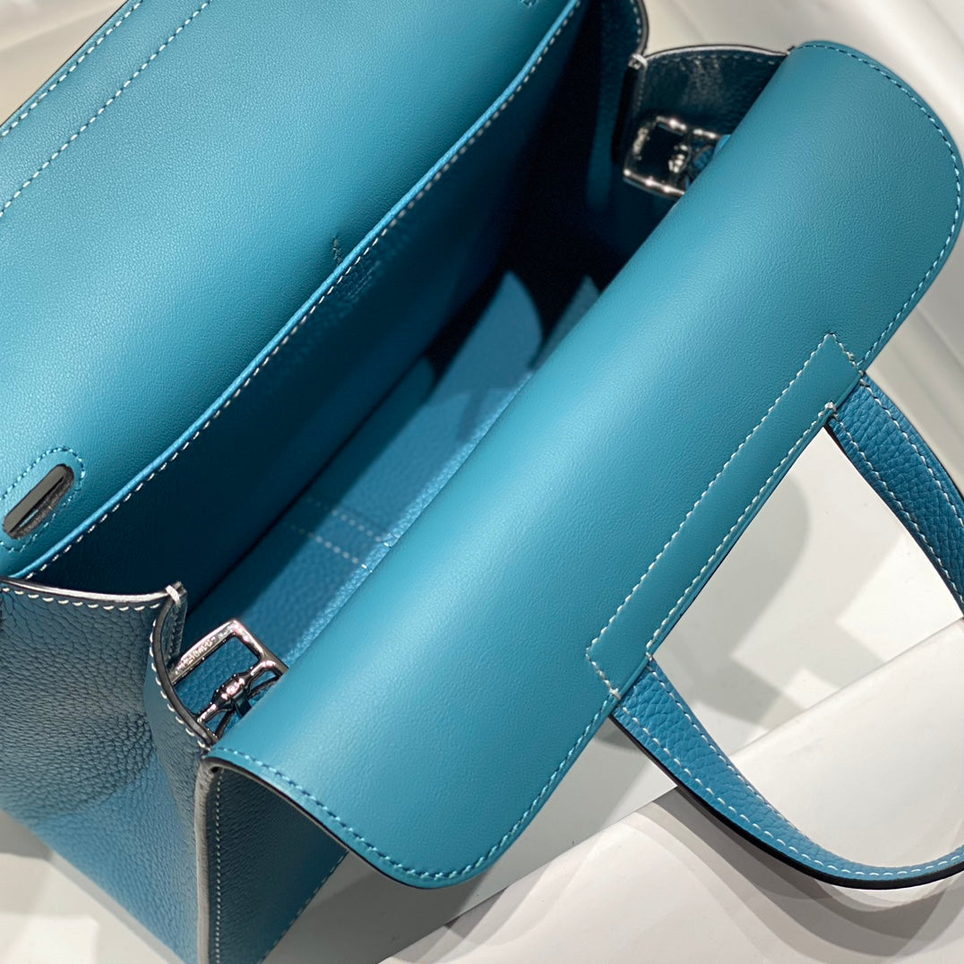 HALZAN 25 HANDLE BAG IN FOUNTAIN BLUE GRAINED CALFSKIN