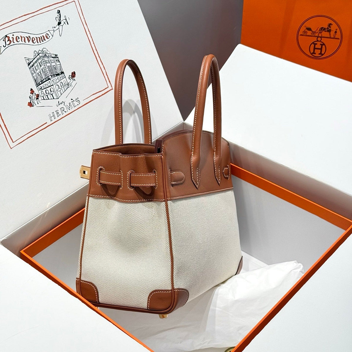 HM Birkin 30 Gold Swift Leather Grey Canvas Gold Hardware
