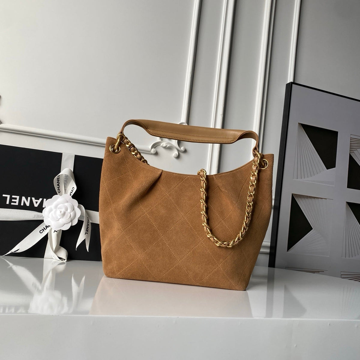Chanel 2025 Hobo Bag 31cm Tan Suede With Gold Hardware 320287