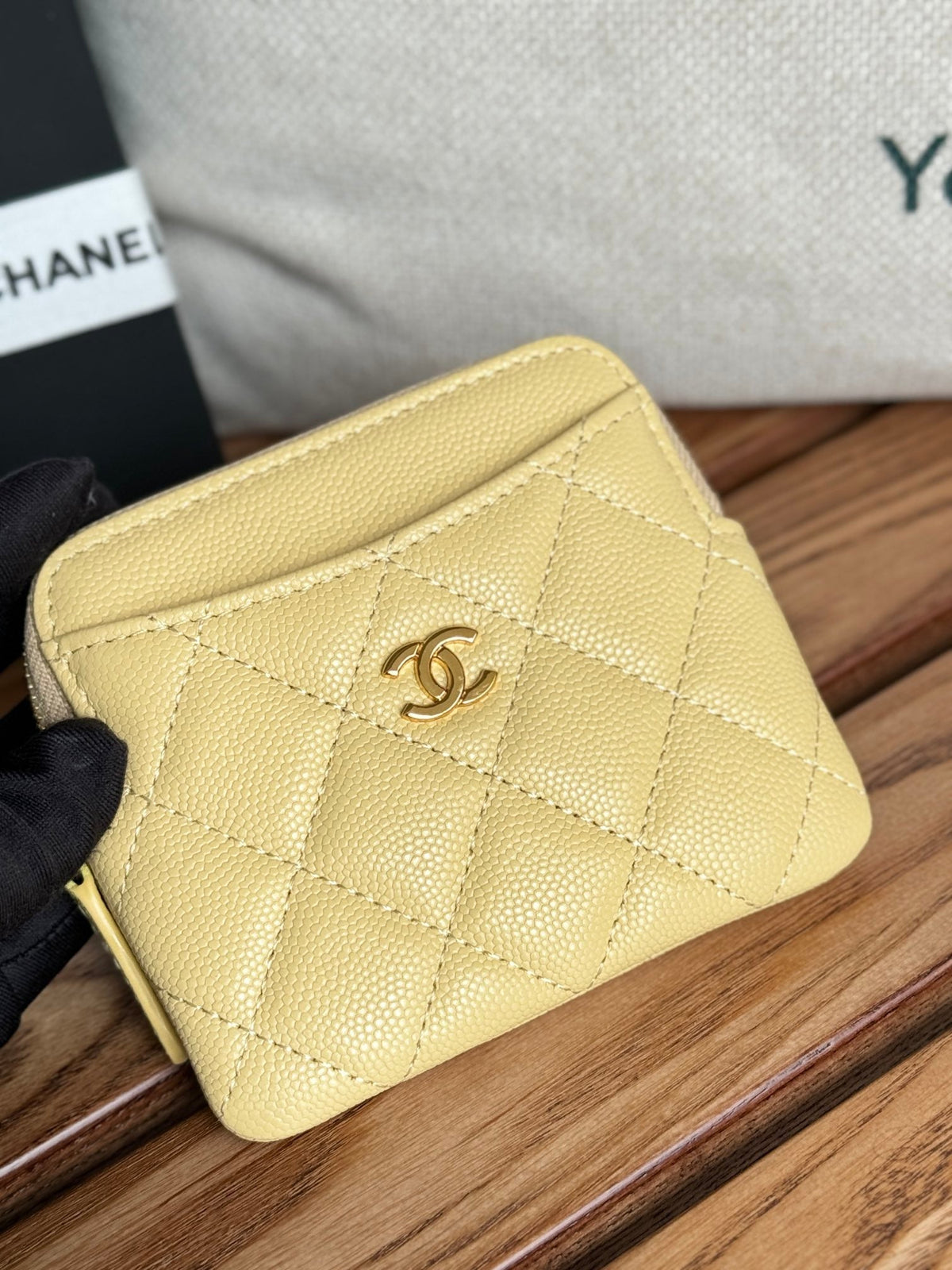 CC Zip Card Holder Wallet Yellow Gold Metal Caviar 240601