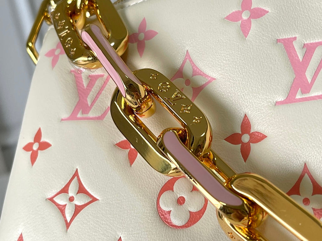 COUSSIN PM 26 IN CREAM RED MONOGRAM EMBOSSED LAMBSKIN GOLD HARDWARE