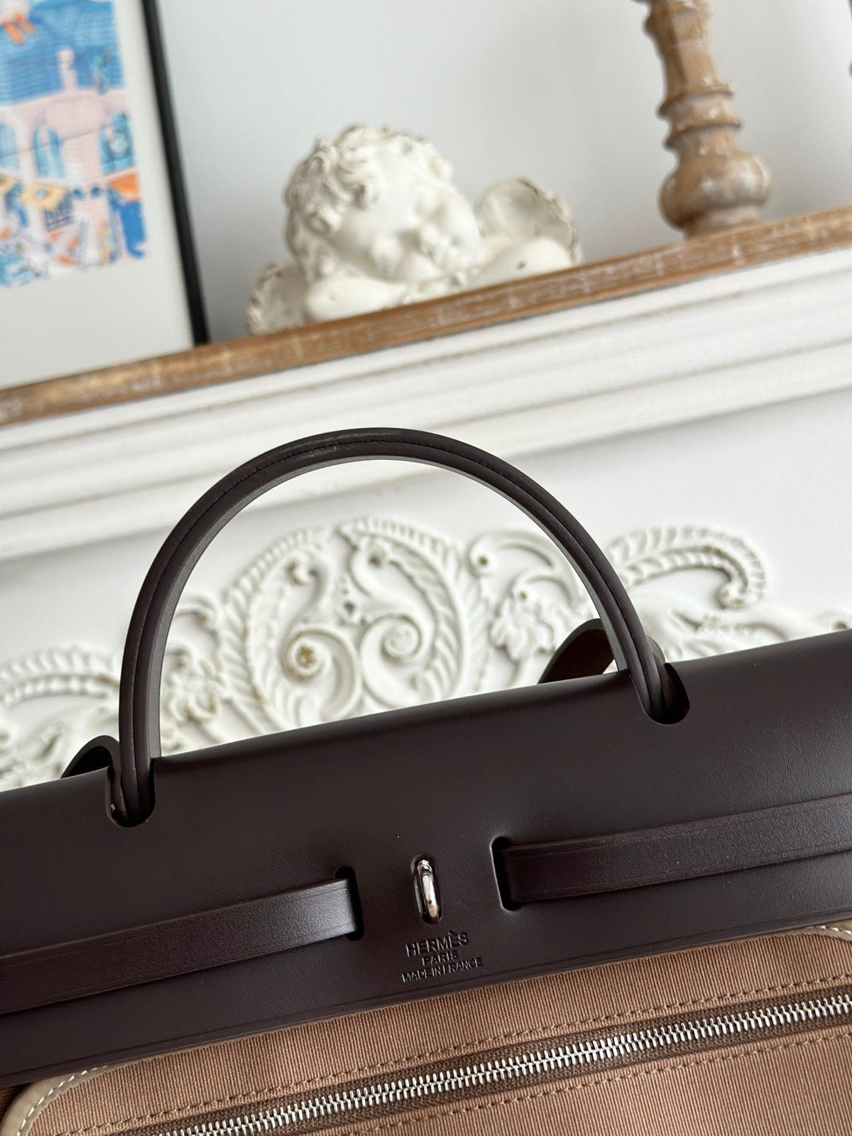 ZIP CABINE 31 BAG IN CHOCOLATE BROWN CANVAS AND BLACK CALFSKIN