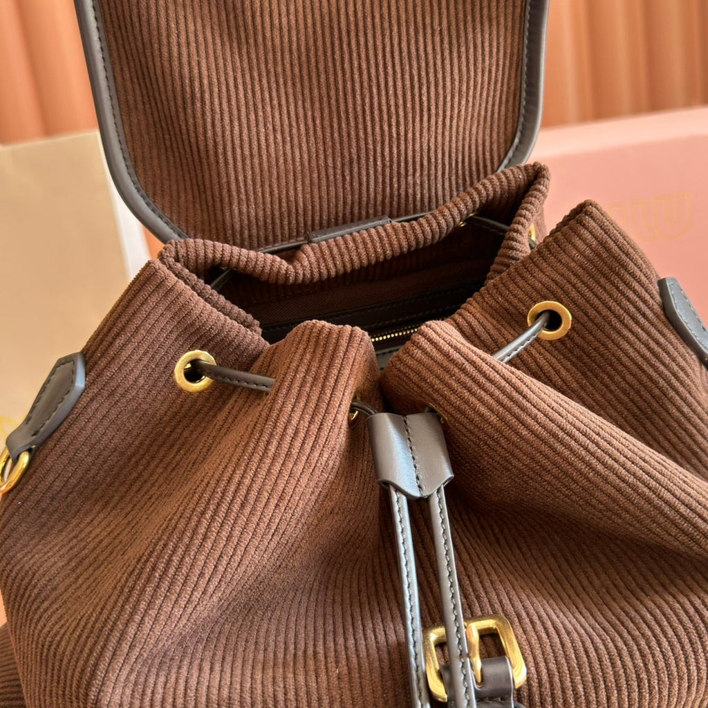 Miu Medium Corduroy Backpack Dark Brown Leather-Trim