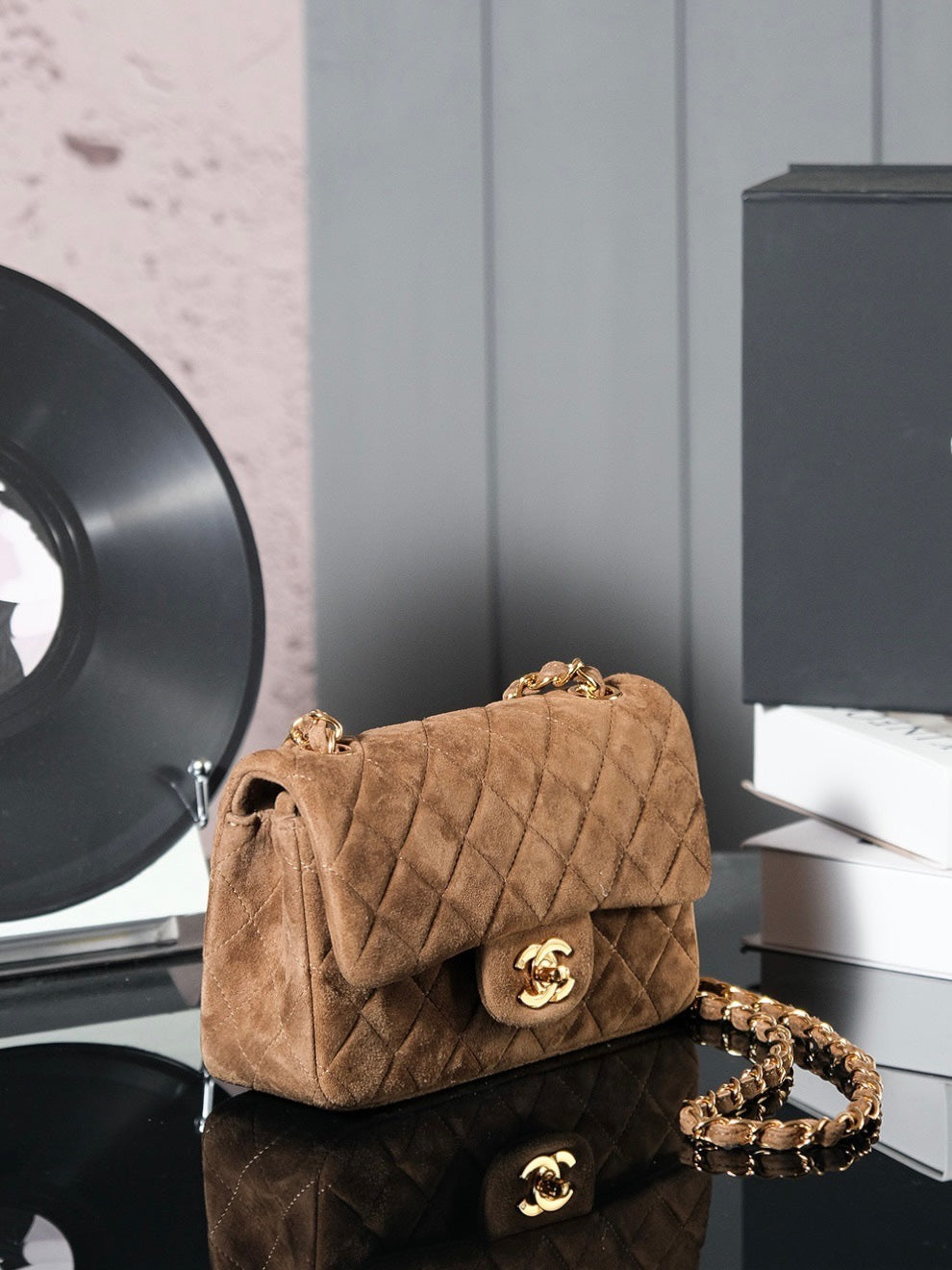 Classic Flap Bag 20cm Brown Suede Gold Hardware