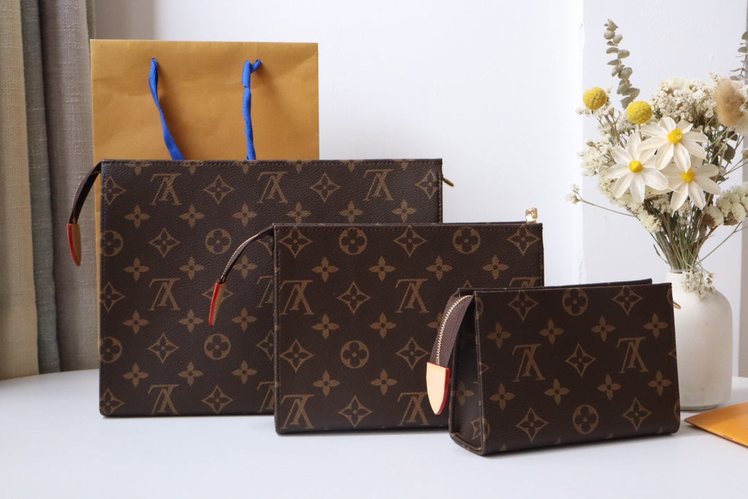 LV Trio Toilet Pouch Brown Monogram Canvas Cowhide 247994