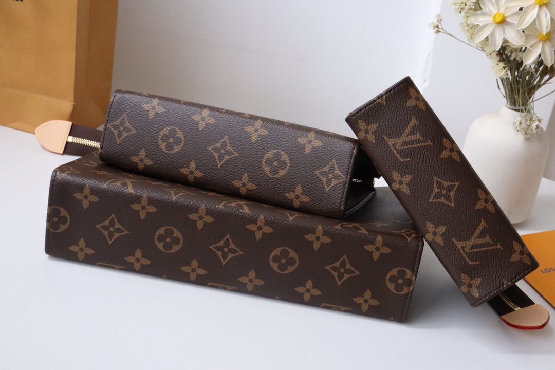 LV Trio Toilet Pouch Brown Monogram Canvas Cowhide 247994