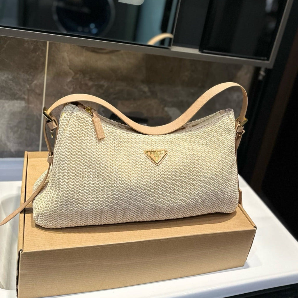 CROCHET SHOULDER BAG 38 IN BEIGE WOVEN RAFFIA