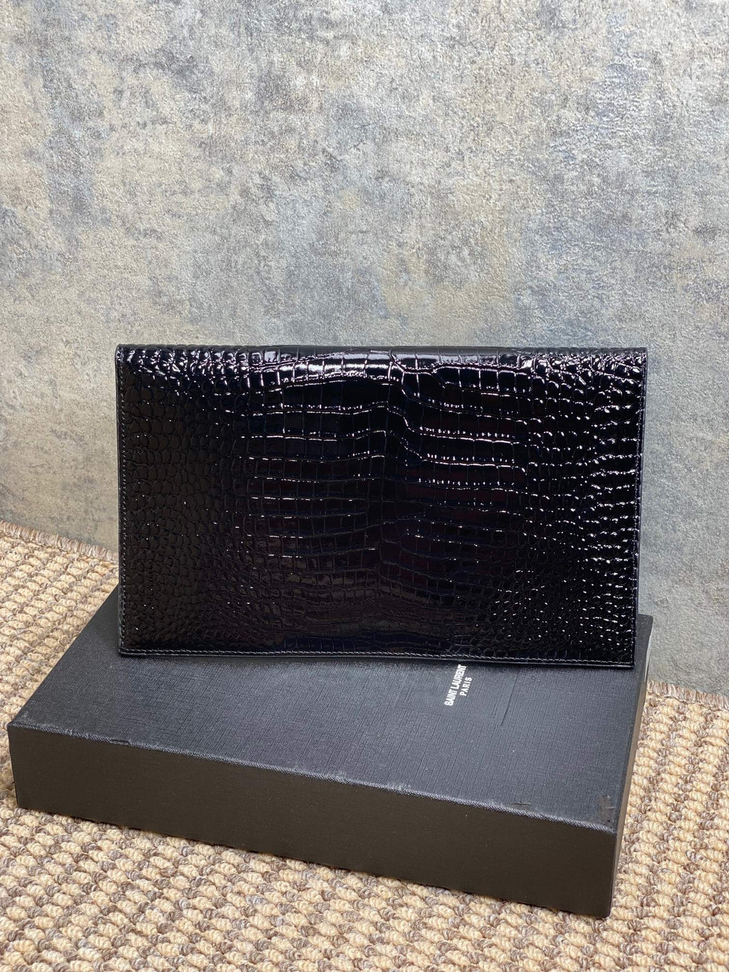 YSL 22s Uptown Pouch Clutch Bag Black Croc Embossed Leather GHW