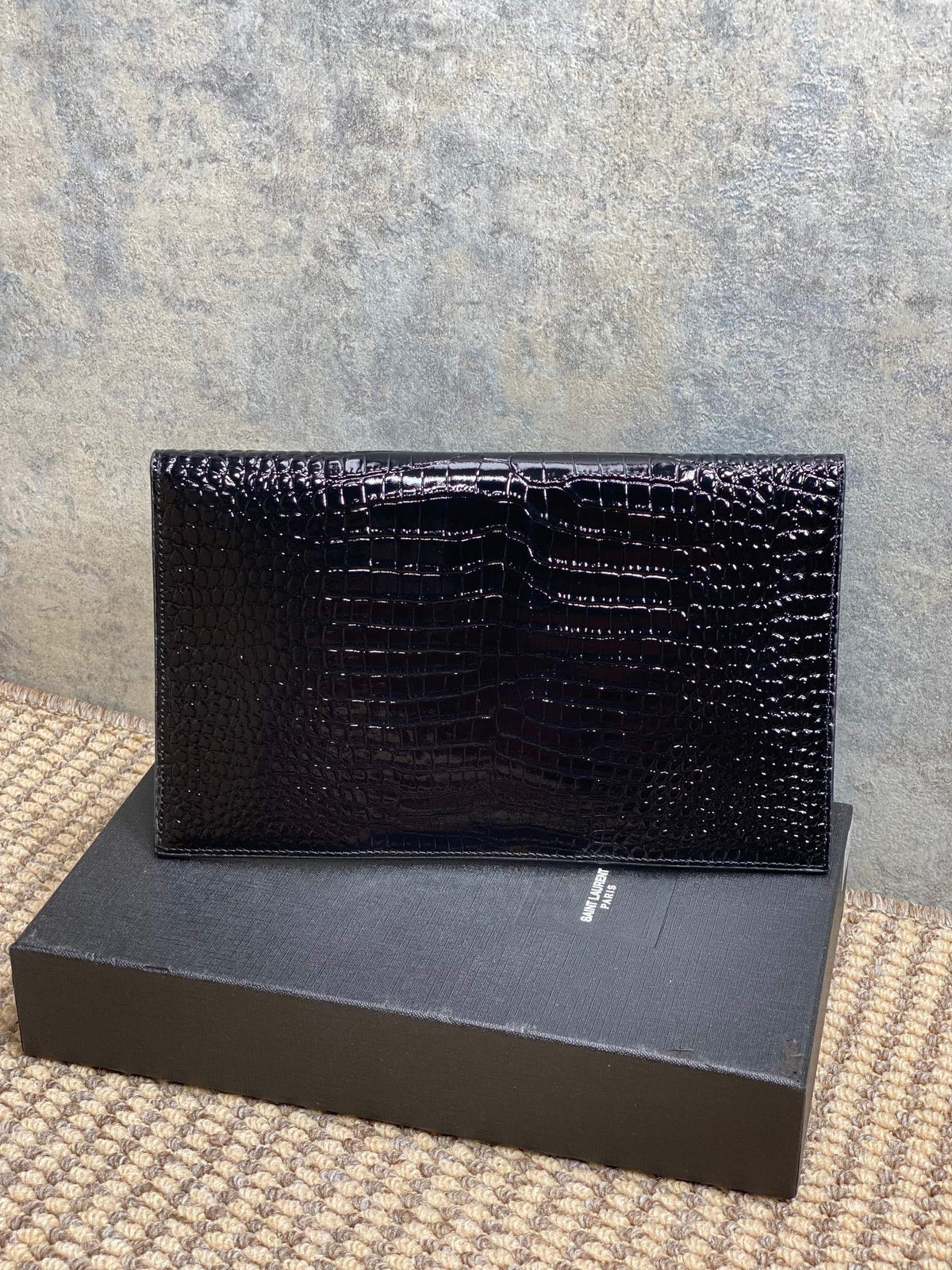 YSL 22s Uptown Pouch Clutch Bag Black Croc Embossed Leather GHW