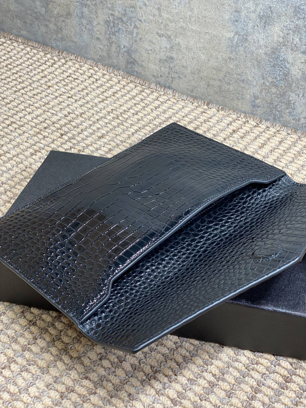 YSL 22s Uptown Pouch Clutch Bag Black Croc Embossed Leather GHW