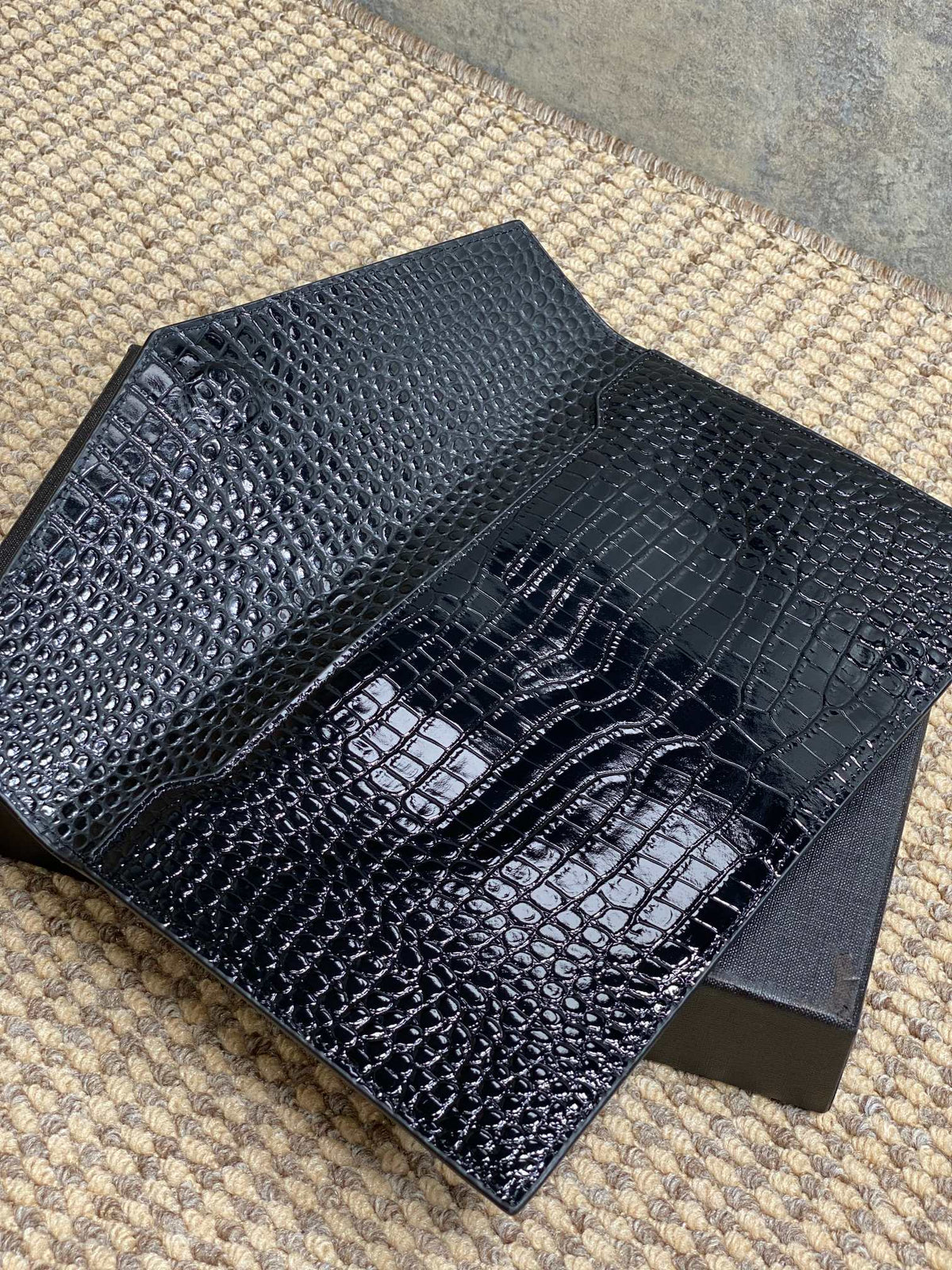 YSL 22s Uptown Pouch Clutch Bag Black Croc Embossed Leather GHW