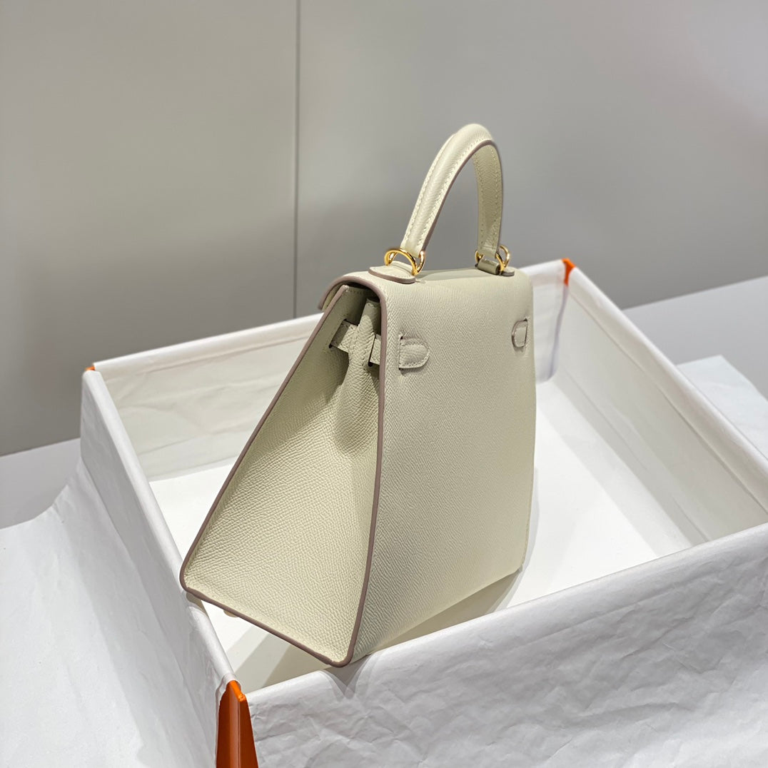 Hermes Kelly 25 Bag Milkshake White Gold Epsom Leather 249810