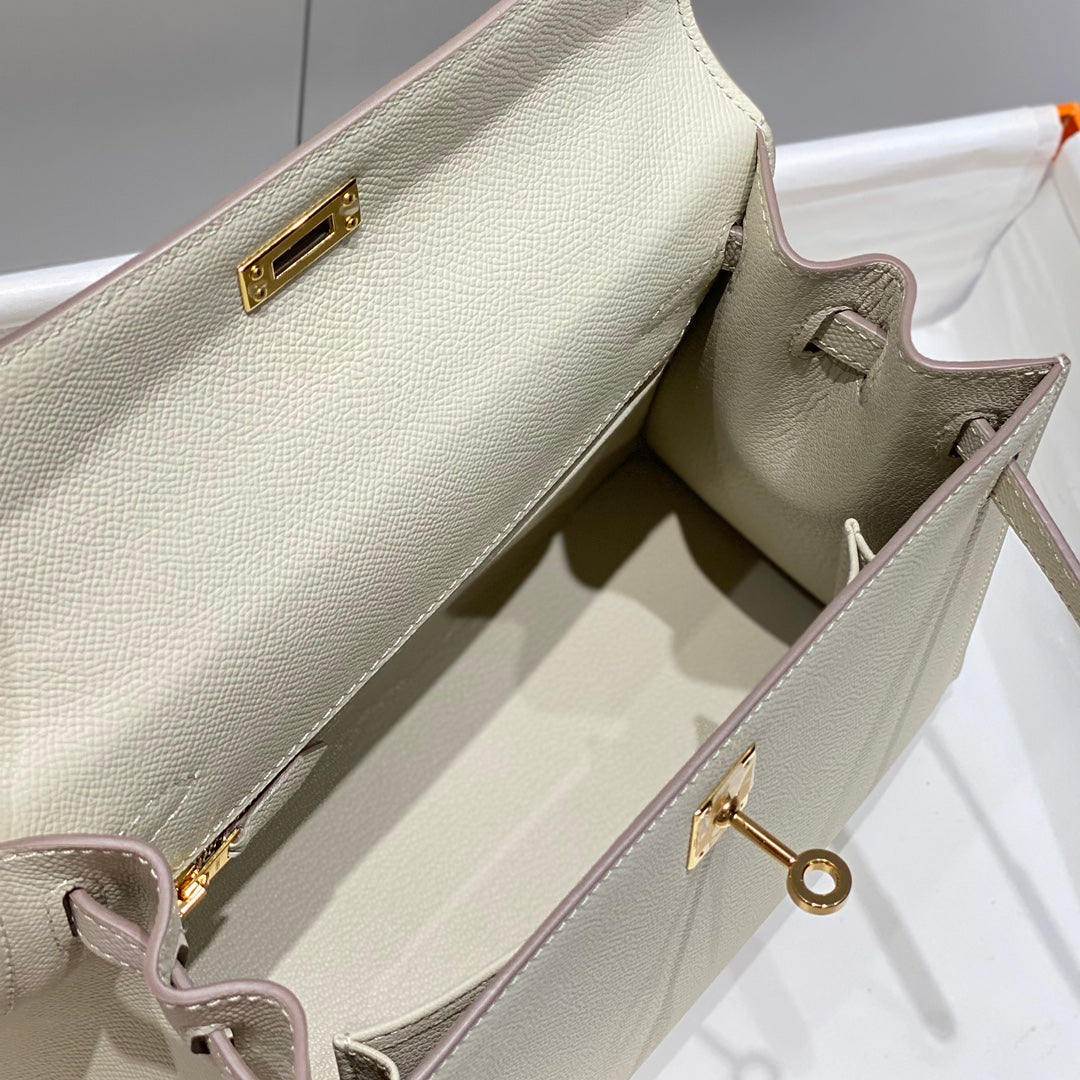 Hermes Kelly 25 Bag Milkshake White Gold Epsom Leather 249810