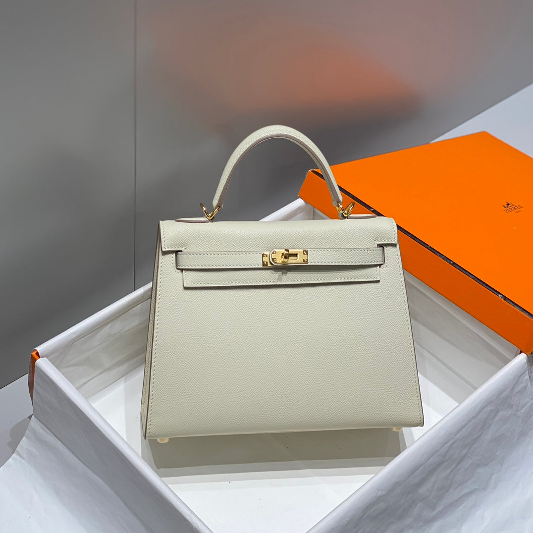 Hermes Kelly 25 Bag Milkshake White Gold Epsom Leather 249810