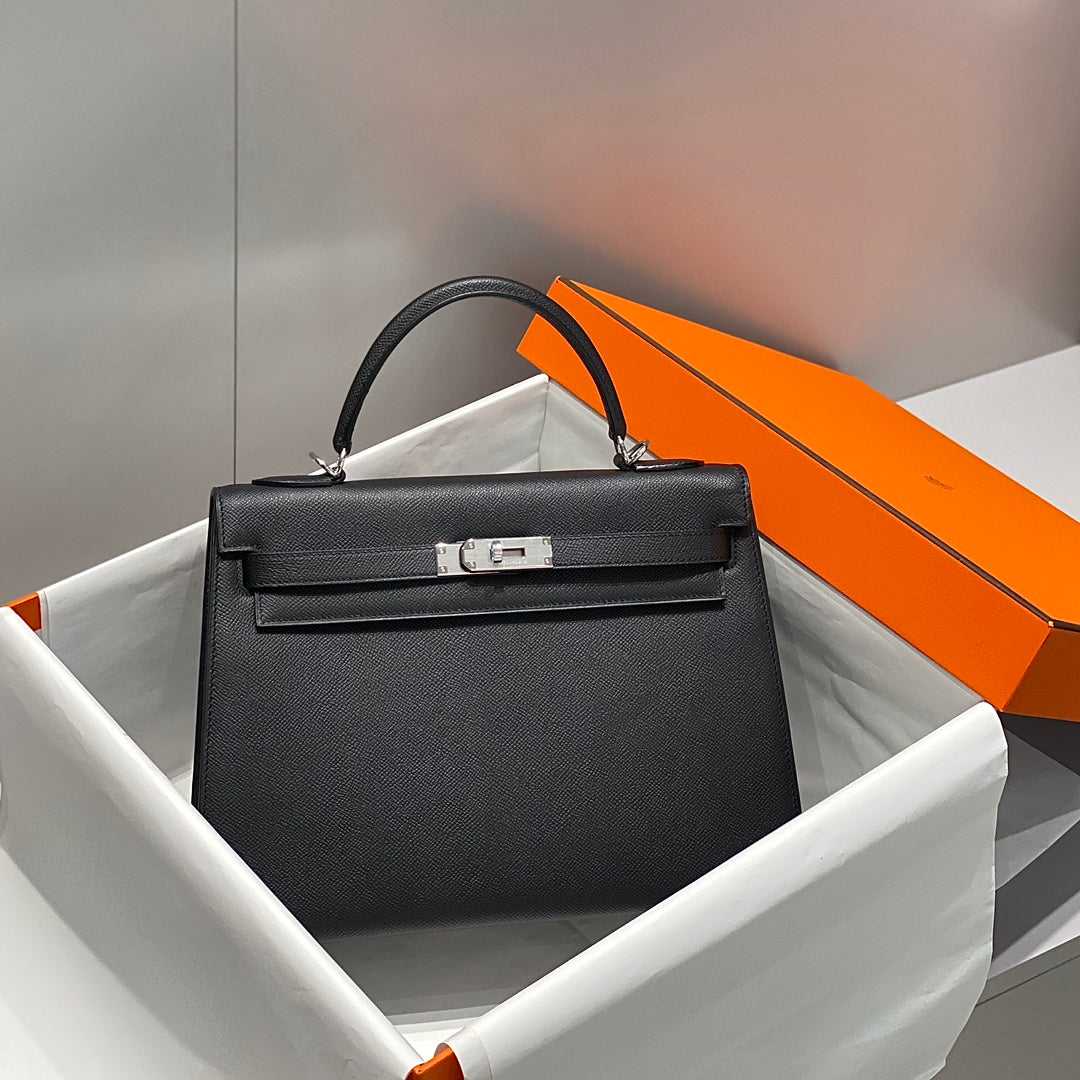 Hermes Black Epsom Leather Kelly 32 Top Handle Bag 249758