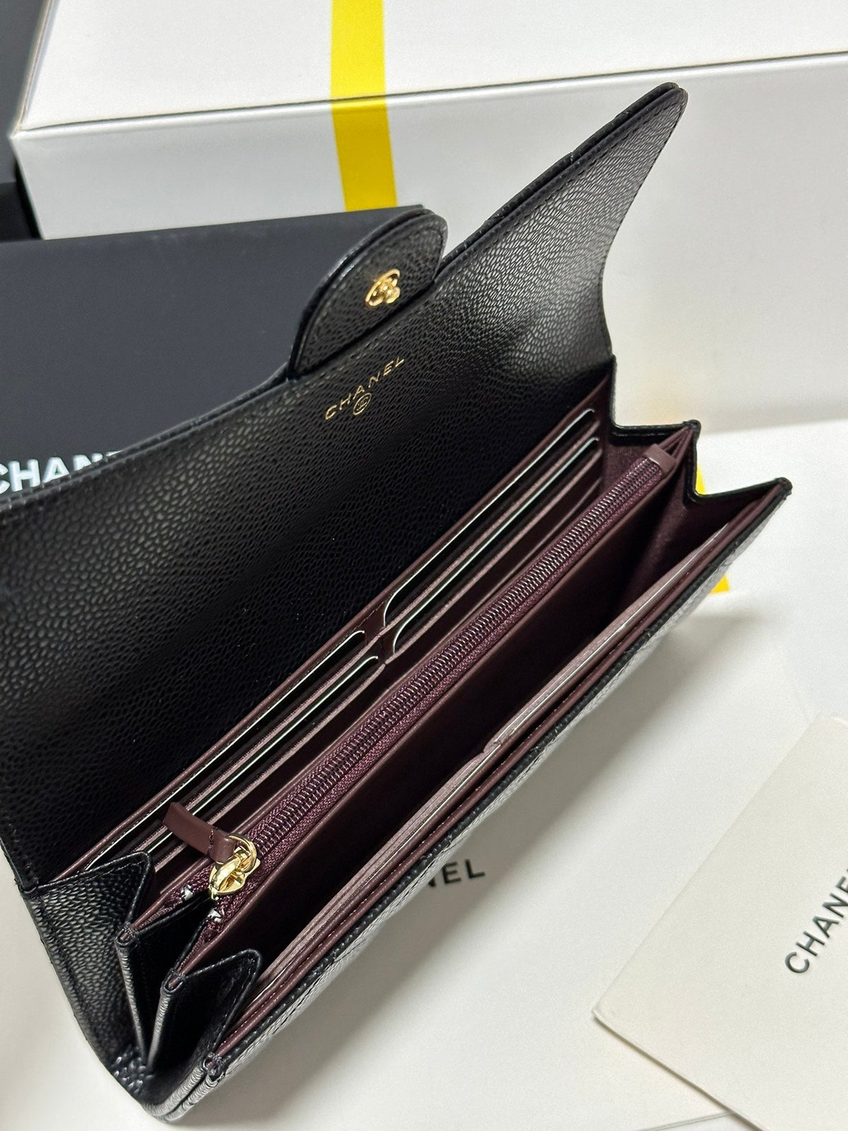 CC Classic Long Flap Wallet Black Quilted Caviar Gold Buckle 243676