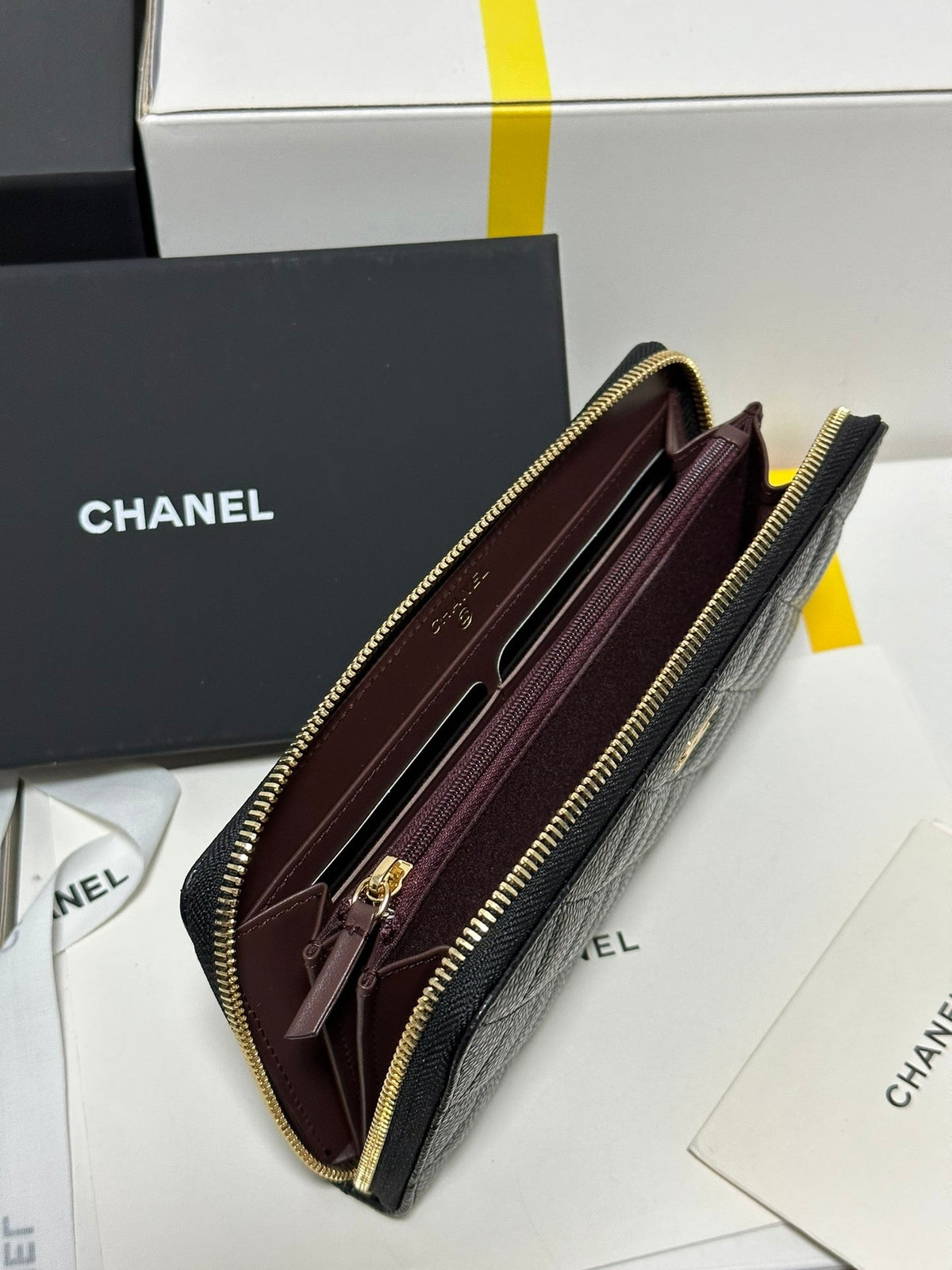 CC Long Zipped Wallet Black Quilted Caviar Gold Buckle 243681