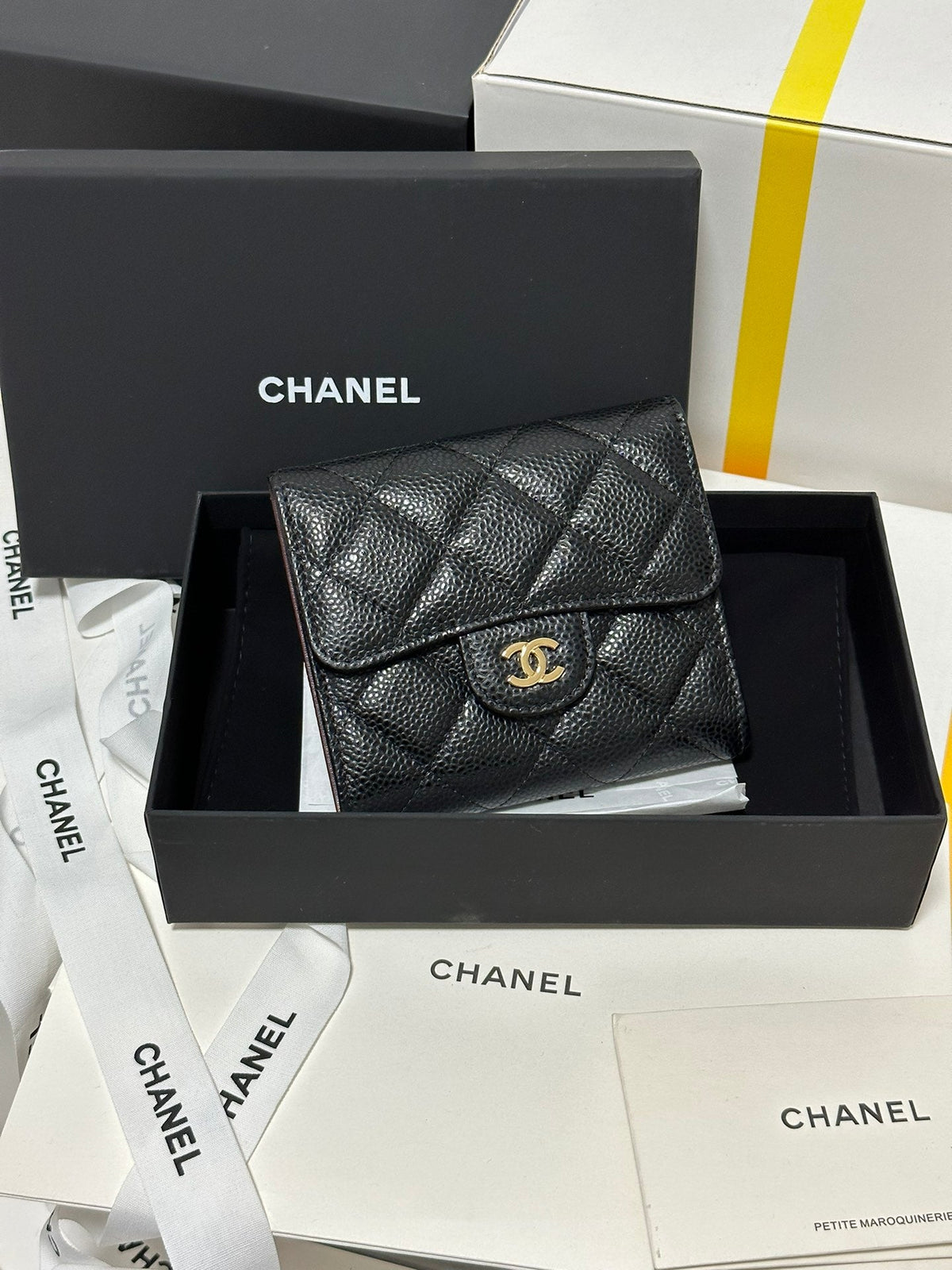 CC CClassic Small Flap Wallet Black Quilted Caviar Gold Buckle 243686