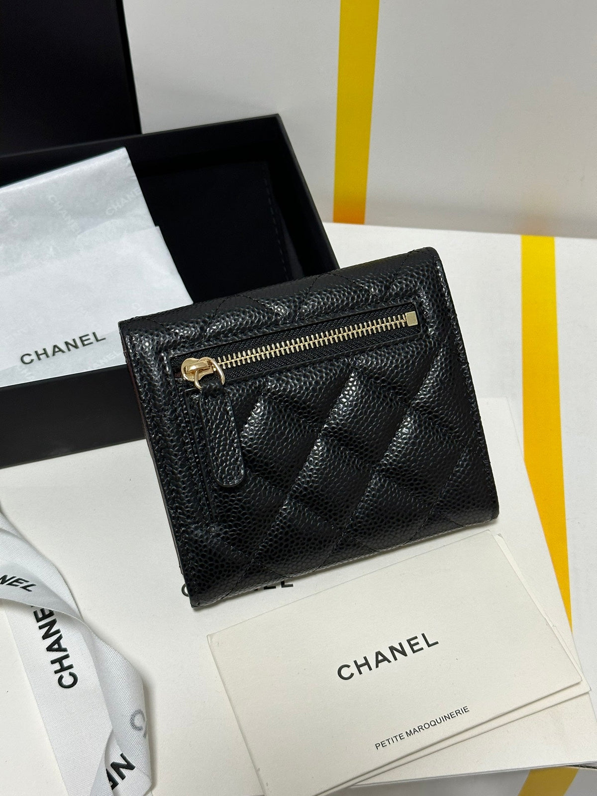CC CClassic Small Flap Wallet Black Quilted Caviar Gold Buckle 243686