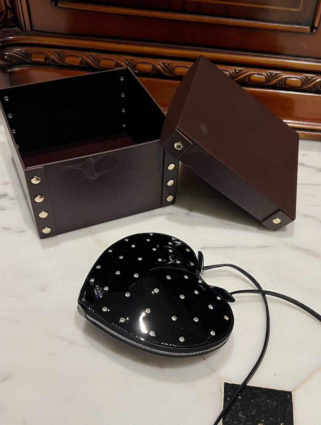 LE COEUR BAG 21 IN BLACK PATENT CALFSKIN ATTACHED STRASS
