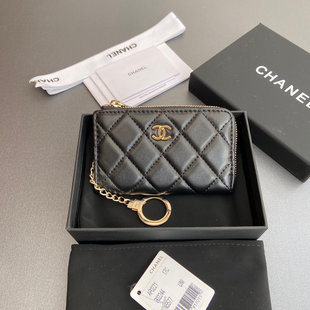 CC Hook & Chain Zipper Card Holder Black Sheepskin GHW 234737