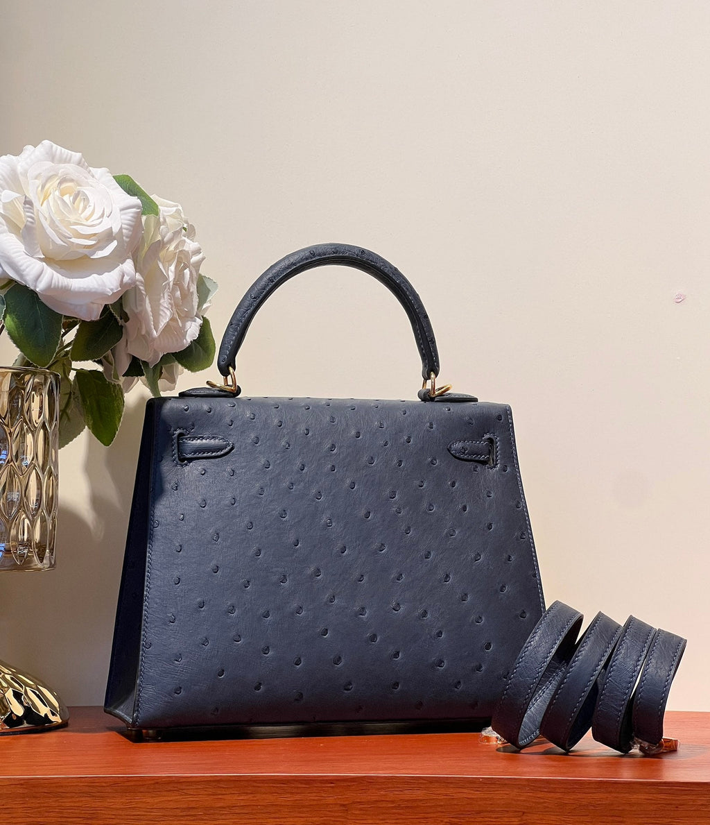 KELLY SELLIER 25 BAG IN PRUSSIAN BLUE OSTRICH LEATHER WITH GOLD HARDWARE (MADE - TO - ODER)