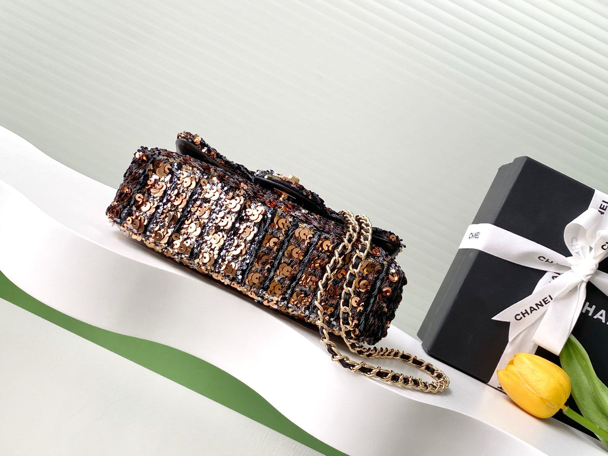 CLASSIC FLAP BAG 21 IN BROWN MIX BLACK SEQUINS