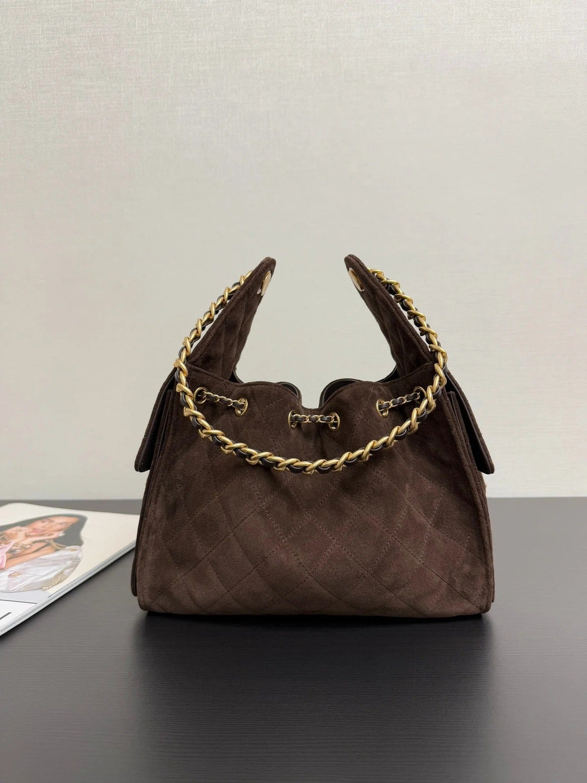 CHANEL 25S HOBO BAG 30 CM IN DARK BROWN SUEDE WITH GOLD HARDWARE