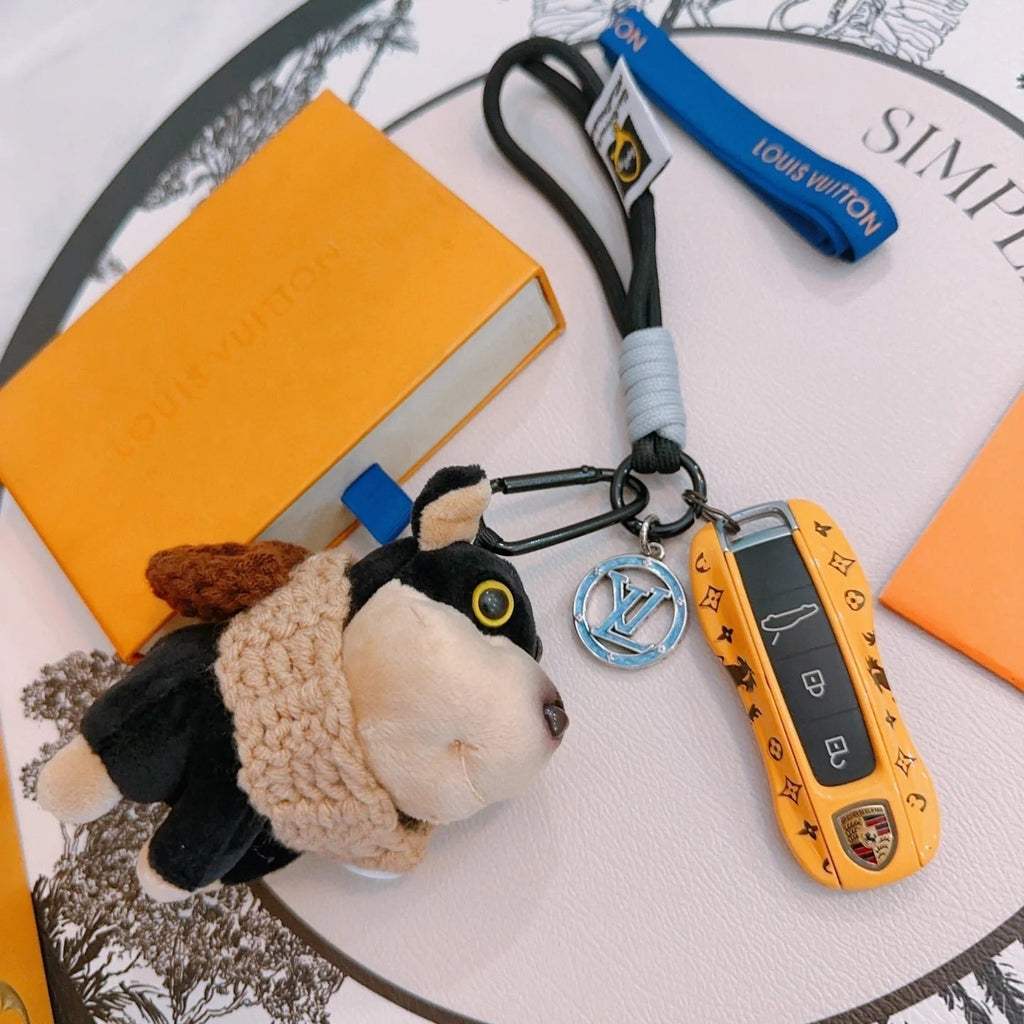 LV Black Beige Plush Dog Charm