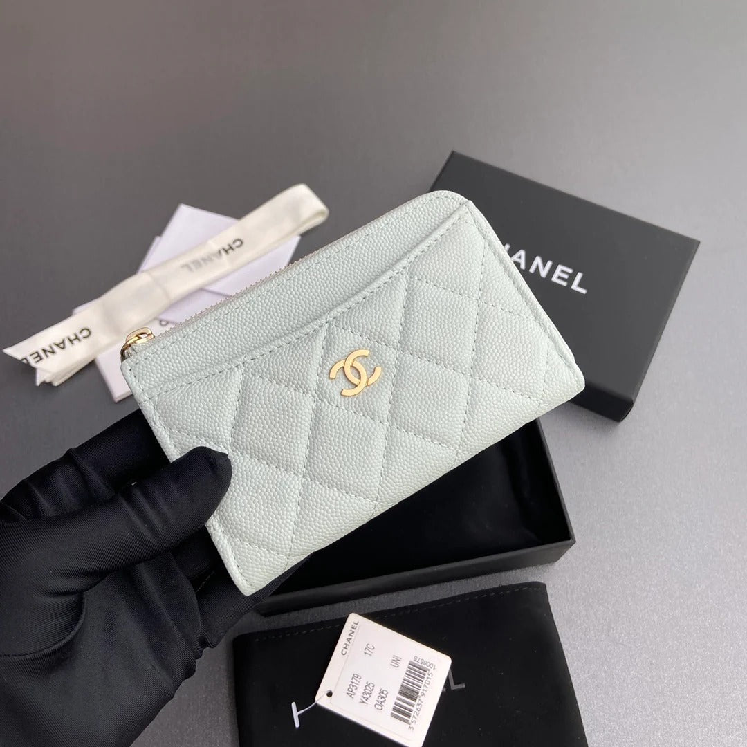 Chanel 2026 Quilted Card Holder 13cm Light Blue Grained Calfskin