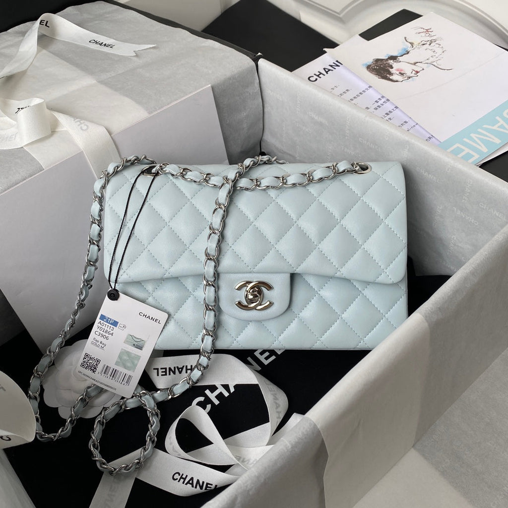 Medium Classic Flap Bag 23cm Light Blue Lambskin Silver Hardware