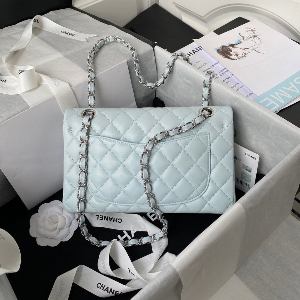 Medium Classic Flap Bag 23cm Light Blue Lambskin Silver Hardware