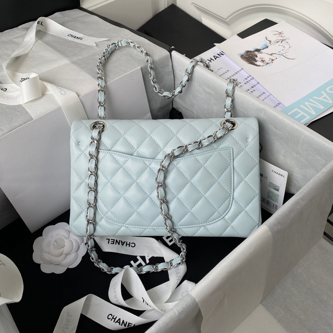 Medium Classic Flap Bag 23cm Light Blue Lambskin Silver Hardware
