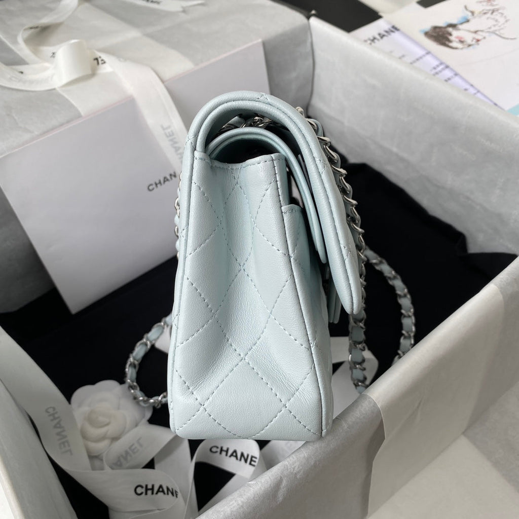 Medium Classic Flap Bag 23cm Light Blue Lambskin Silver Hardware