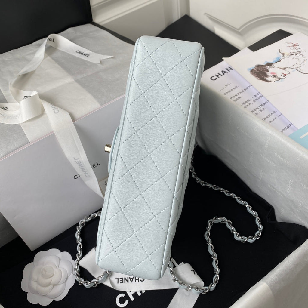 Medium Classic Flap Bag 23cm Light Blue Lambskin Silver Hardware
