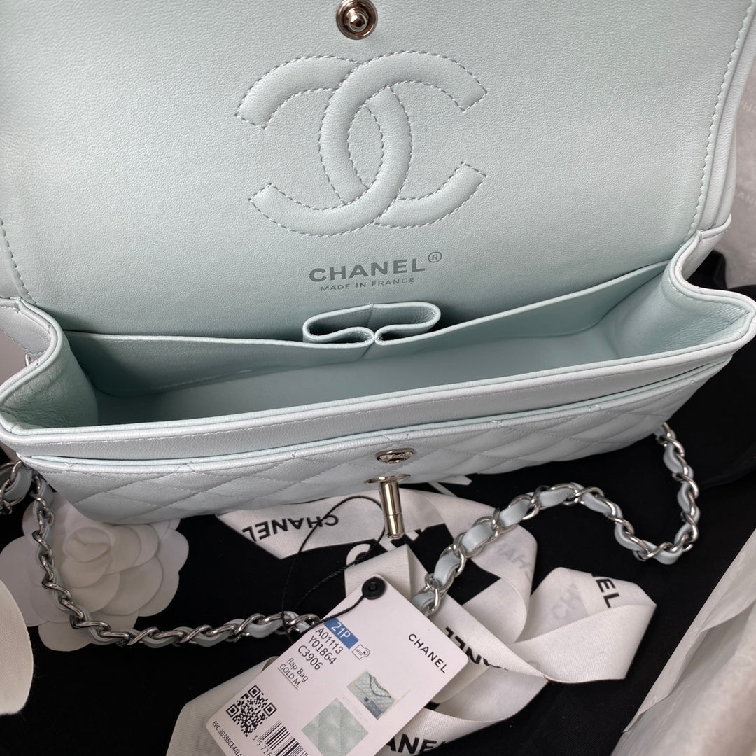 Medium Classic Flap Bag 23cm Light Blue Lambskin Silver Hardware