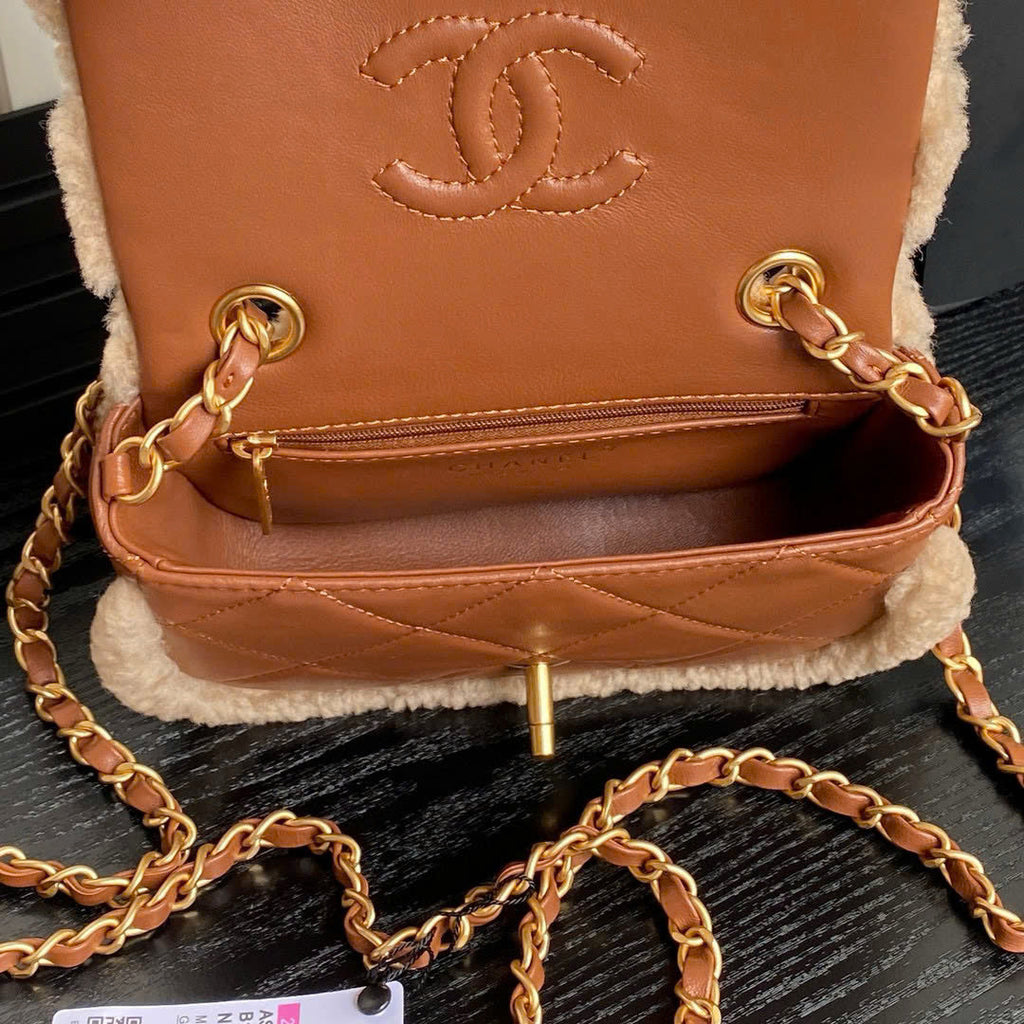 Chanel mini Flap Bag Shearling Lambskin Gold Tone Metal Beige Brown