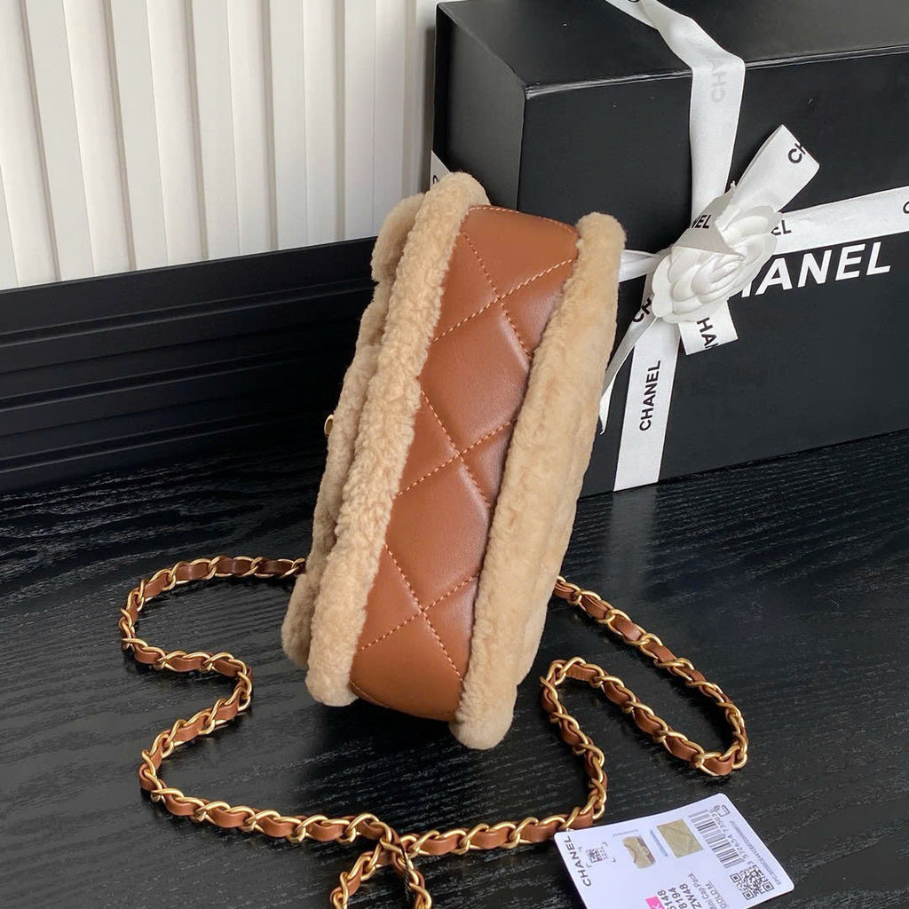 Chanel mini Flap Bag Shearling Lambskin Gold Tone Metal Beige Brown