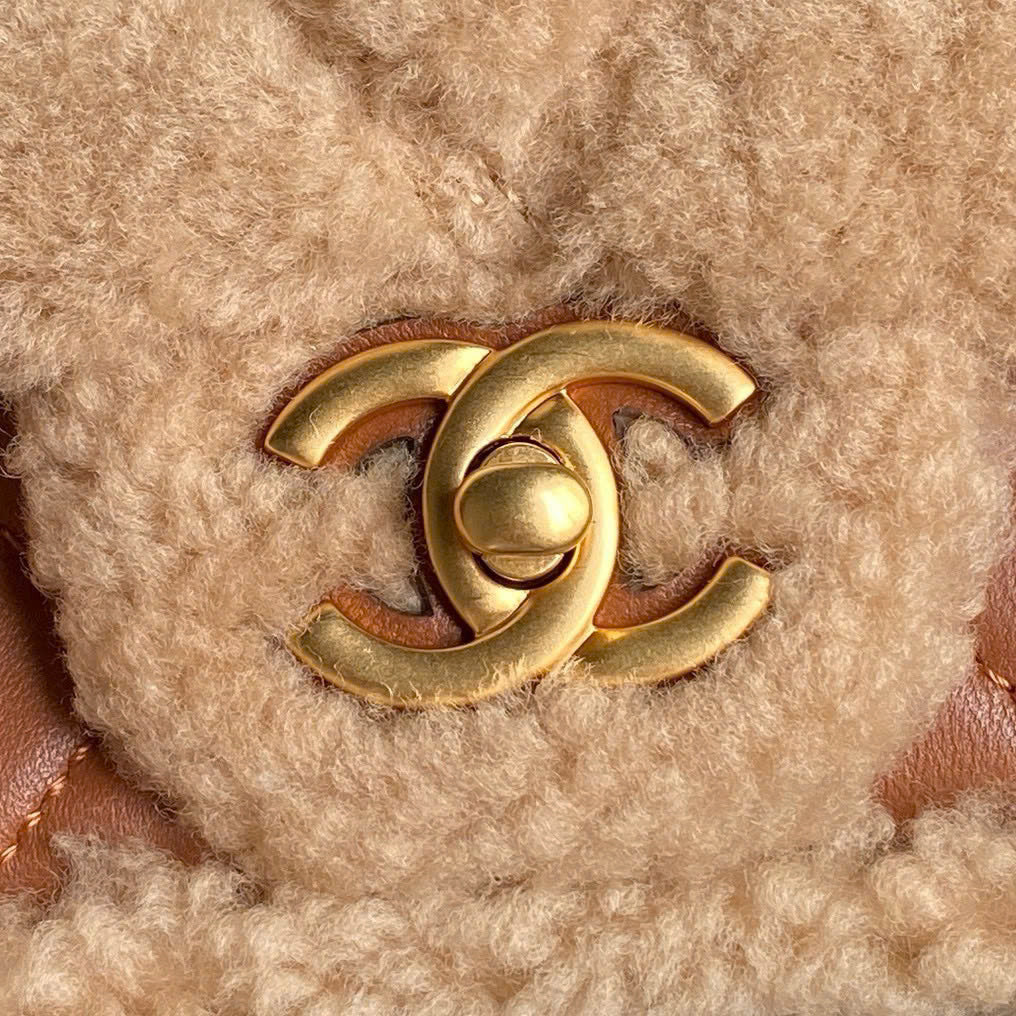Chanel mini Flap Bag Shearling Lambskin Gold Tone Metal Beige Brown