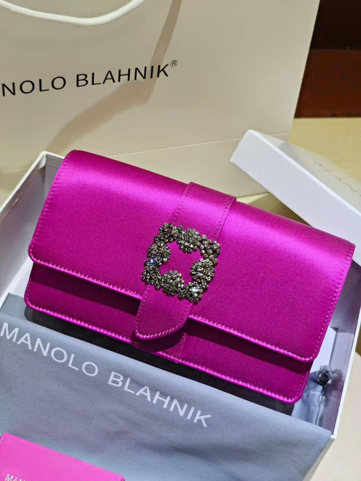Manolo Capri embellished satin clutch in purple